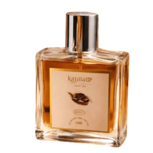 Perfume bottle labeled \“Kattāfa EDP\“ alongside its packaging, featuring chocolate imagery, suggesting a chocolate-inspired fragrance.