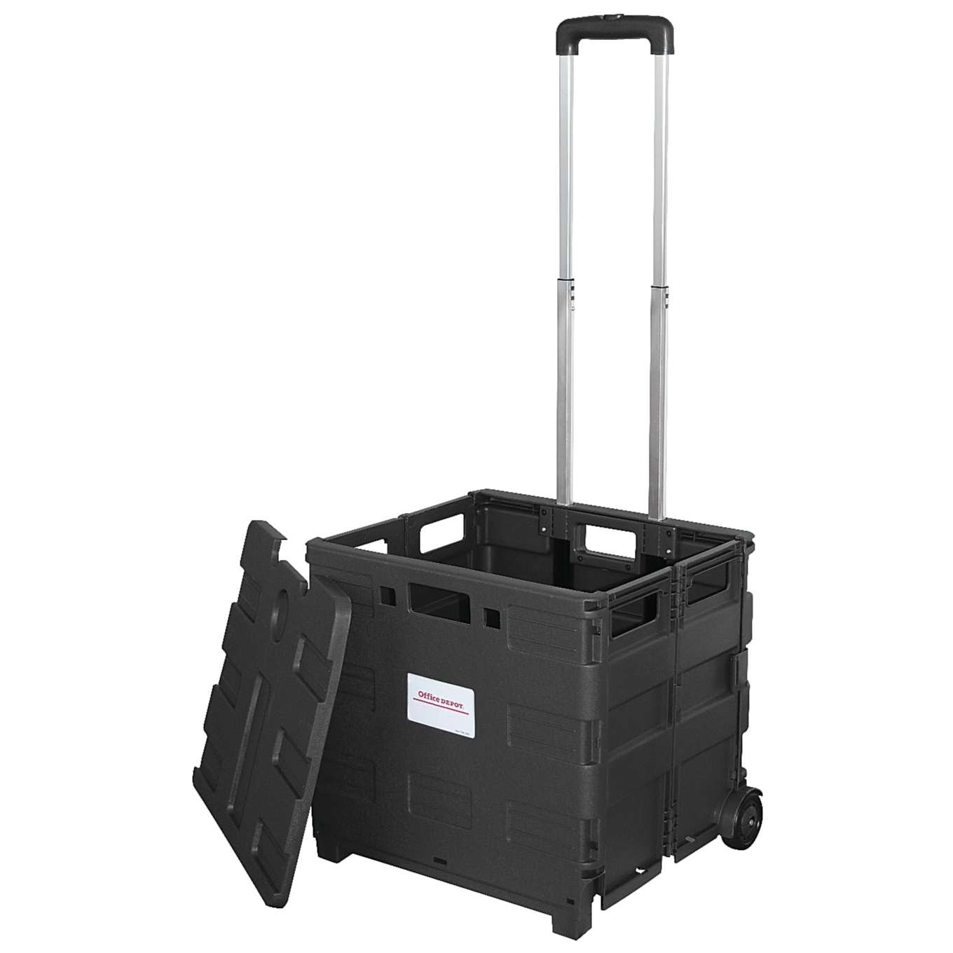 Collapsible rolling crate with a telescoping handle and removable lid, ideal for easy transport and storage.