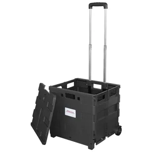 Collapsible rolling crate with a telescoping handle and removable lid, ideal for easy transport and storage.