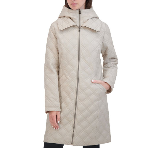 A beige, knee-length, quilted taffeta coat with a high collar and front zipper closure, featuring long sleeves and side pockets for practicality and style.