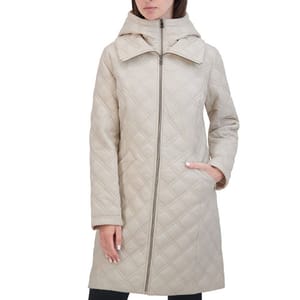 A beige, knee-length, quilted taffeta coat with a high collar and front zipper closure, featuring long sleeves and side pockets for practicality and style.