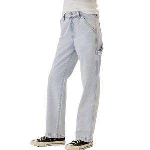 Light-wash jeans with a loose fit and a side utility pocket, paired with black-and-white low-top sneakers.