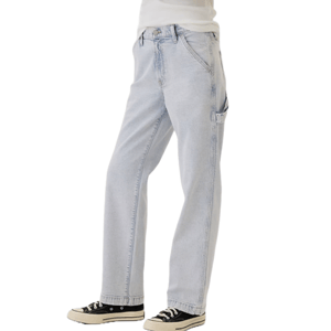 Light-wash jeans with a loose fit and a side utility pocket, paired with black-and-white low-top sneakers.