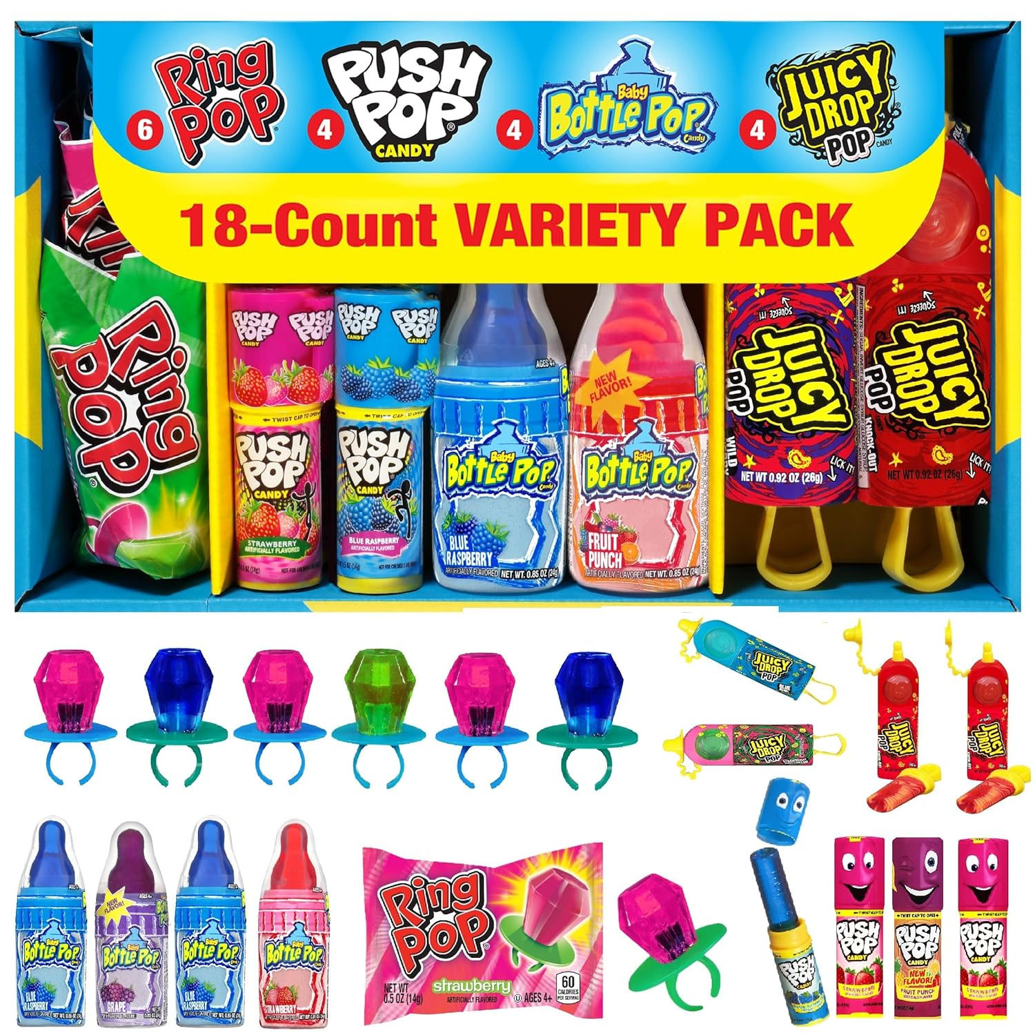 18-count variety pack of candies includes Ring Pops, Push Pops, Baby Bottle Pops, and Juicy Drop Pops.