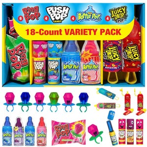 18-count variety pack of candies includes Ring Pops, Push Pops, Baby Bottle Pops, and Juicy Drop Pops.