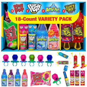 18-count variety pack of candies includes Ring Pops, Push Pops, Baby Bottle Pops, and Juicy Drop Pops.