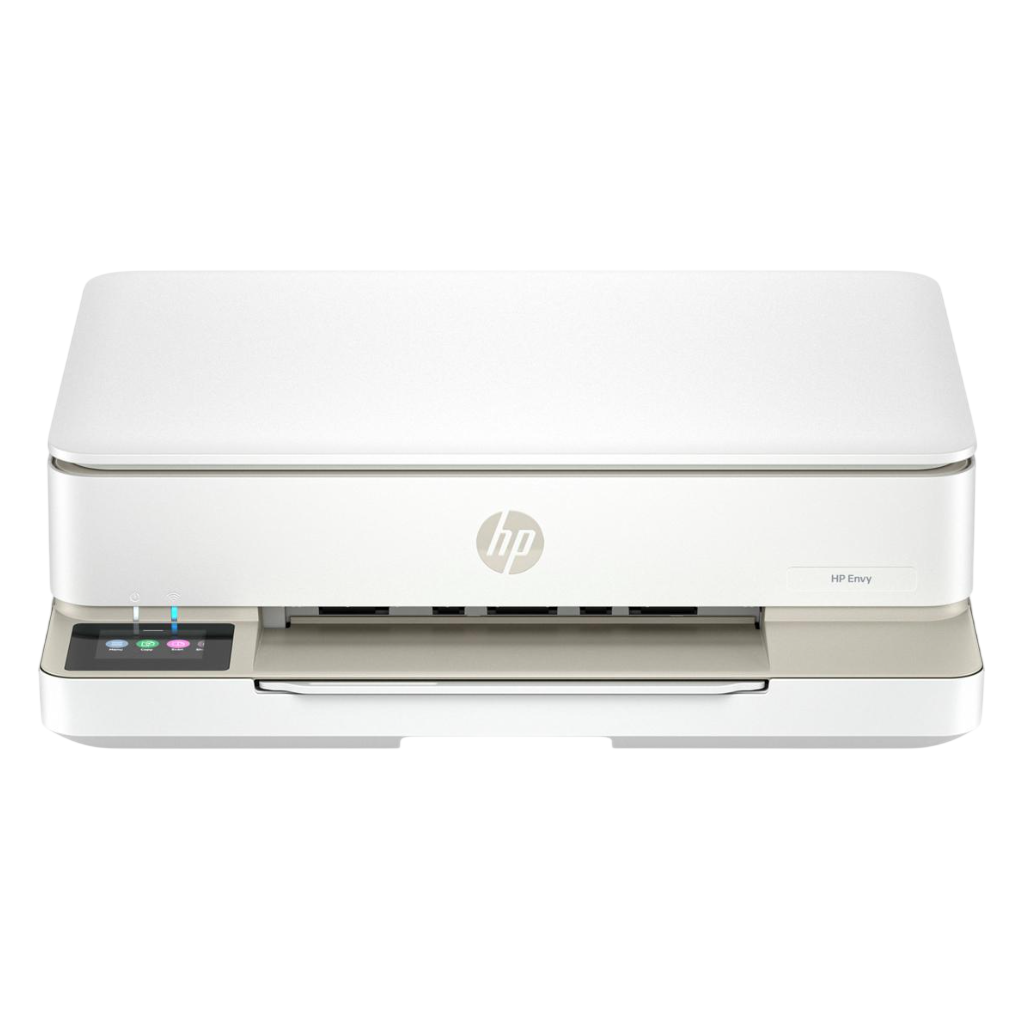 HP Envy all-in-one printer featuring a touchscreen interface and a modern, compact design suitable for home or office use.