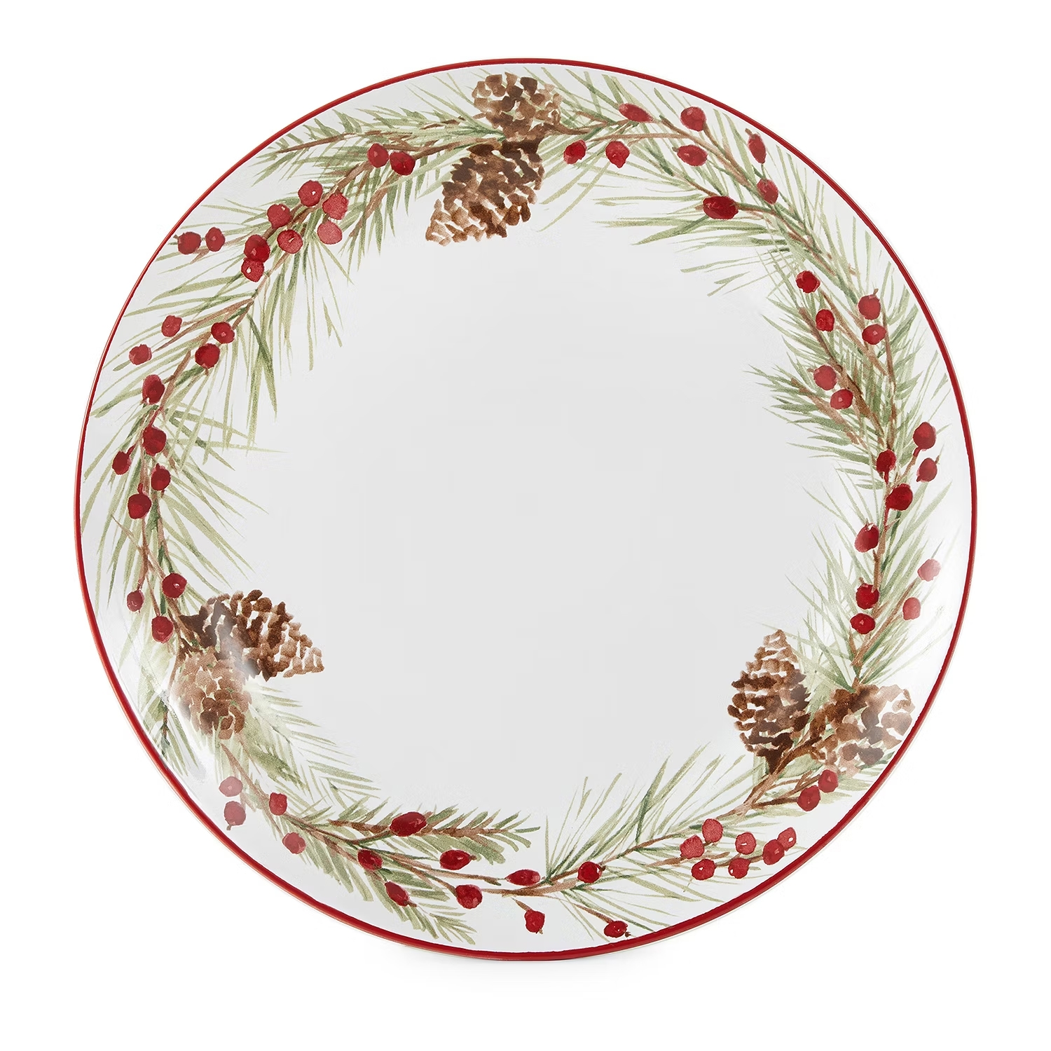 The 4pc Holly Berry Dinnerware set features plates decorated with pine branches, pinecones, and red berries on a white background with a red rim.