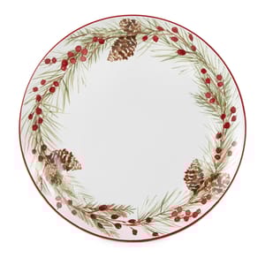 The 4pc Holly Berry Dinnerware set features plates decorated with pine branches, pinecones, and red berries on a white background with a red rim.