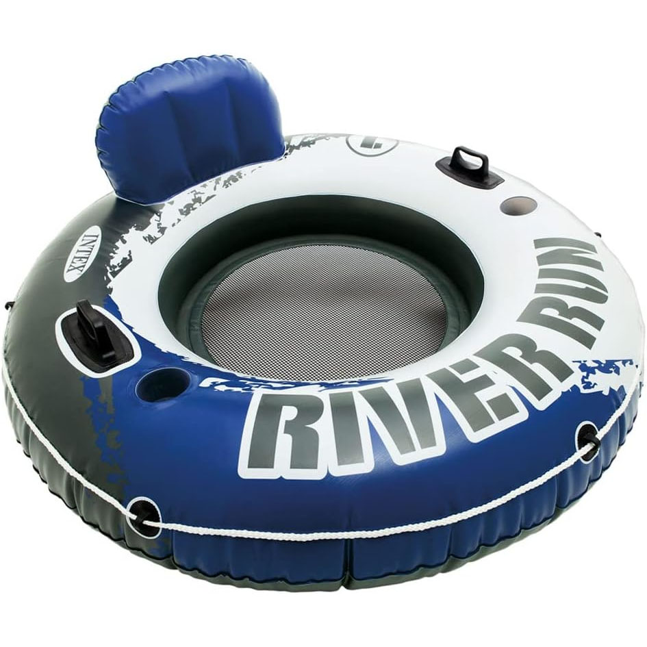 Inflatable river tube with a blue and white design, mesh bottom, headrest, and cup holders.