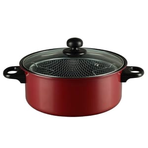 A red 3-piece deep fryer set including a deep pot with dual black handles, a glass lid with a black knob, and a mesh frying basket inside.