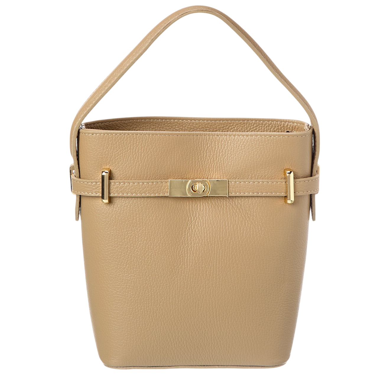 A beige leather bucket bag with a single handle, featuring gold-tone hardware and a decorative clasp in the center.