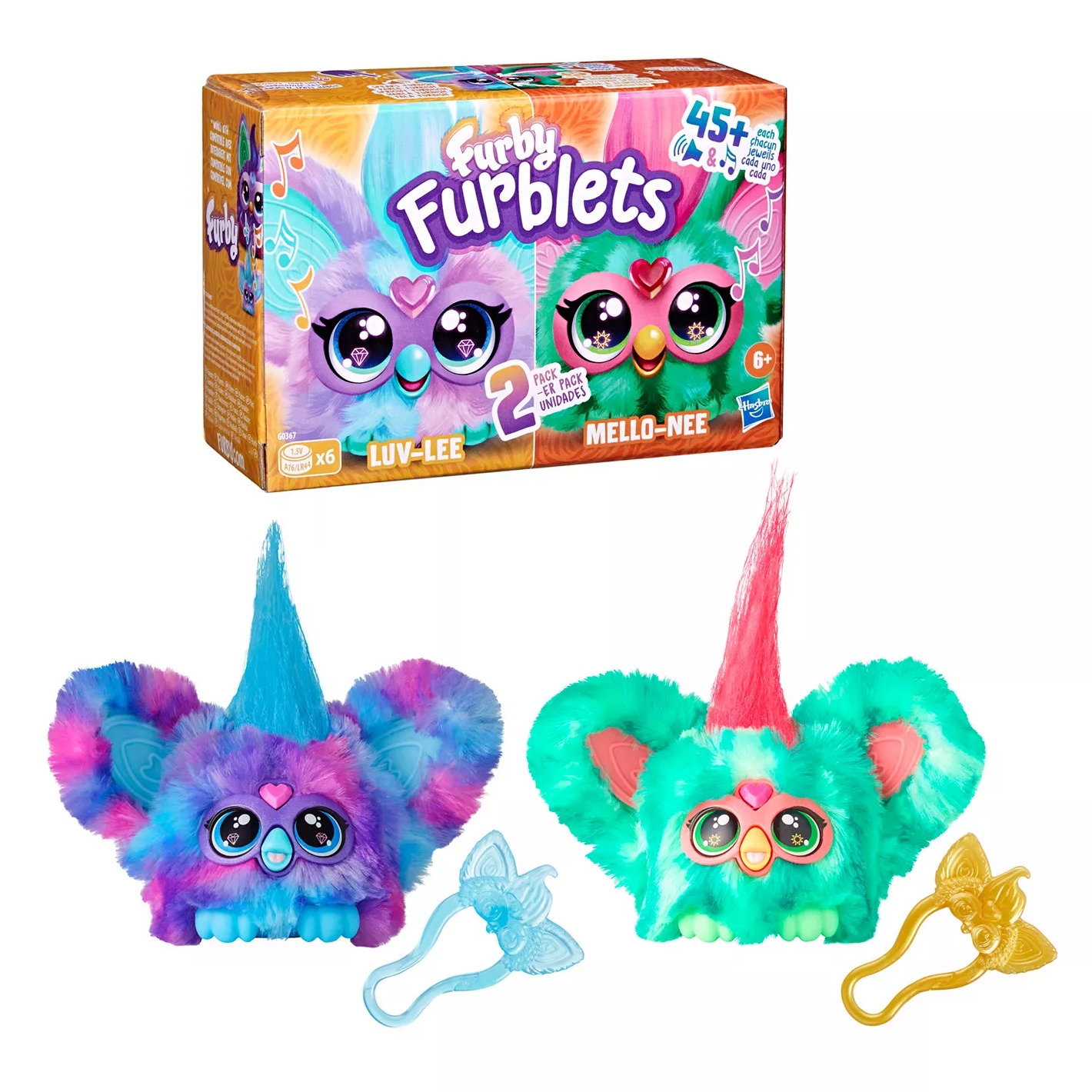 Furby Furblets toy set includes two plush characters, Luv-Lee and Mello-Nee, featuring vibrant colors, expressive eyes, and matching combs. Each character offers over 45 reactions and sounds, suitable for ages 6 and up.