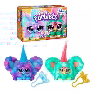 Furby Furblets toy set includes two plush characters, Luv-Lee and Mello-Nee, featuring vibrant colors, expressive eyes, and matching combs. Each character offers over 45 reactions and sounds, suitable for ages 6 and up.