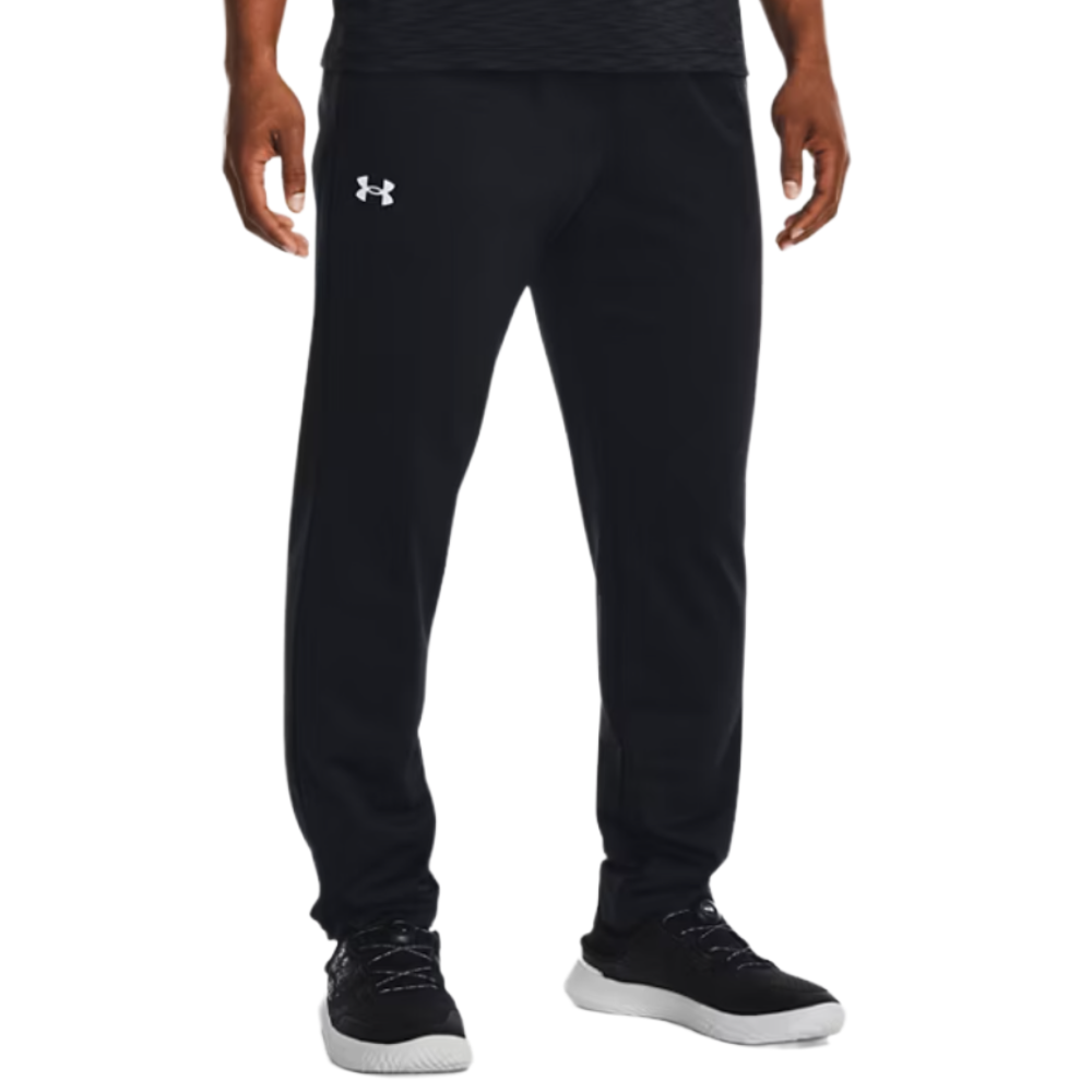 Black athletic pants with a white Under Armour logo on the upper thigh, paired with black sneakers featuring white soles.