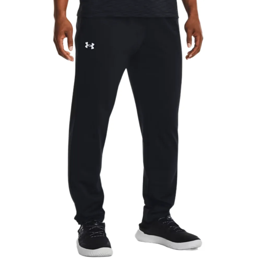 Black athletic pants with a white Under Armour logo on the upper thigh, paired with black sneakers featuring white soles.