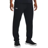 Black athletic pants with a white Under Armour logo on the upper thigh, paired with black sneakers featuring white soles.