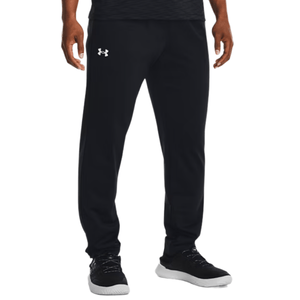 Black athletic pants with a white Under Armour logo on the upper thigh, paired with black sneakers featuring white soles.