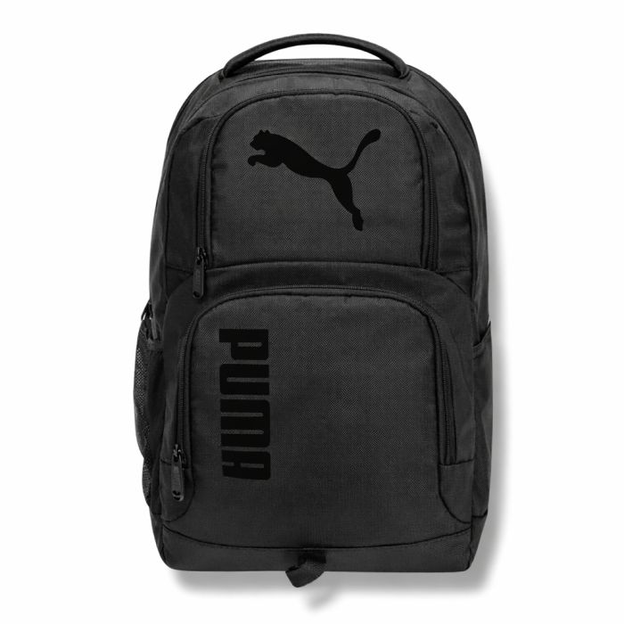 A black Puma backpack featuring the Puma logo and text, with multiple zippered compartments and a side mesh pocket.