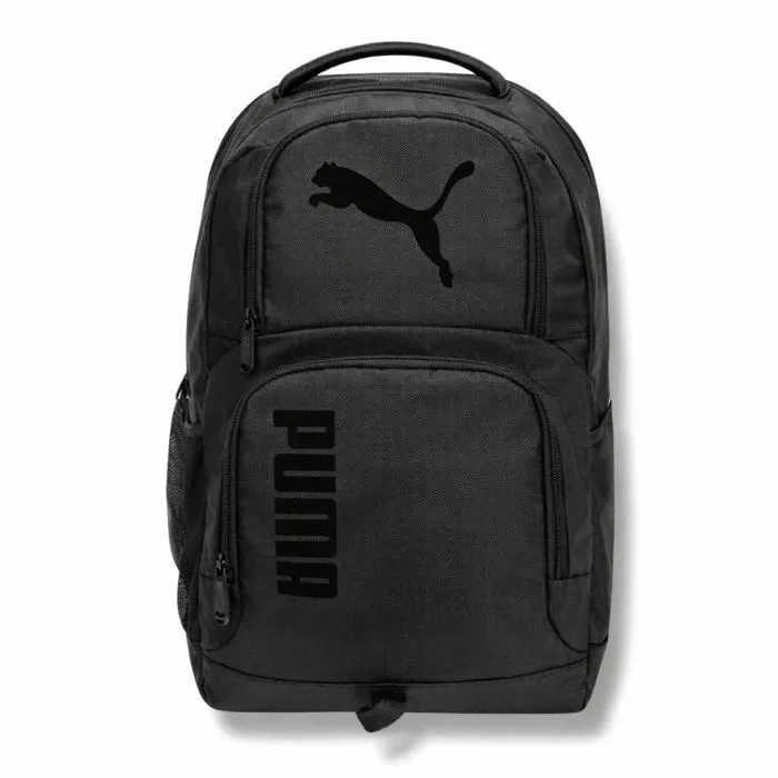 A black Puma backpack featuring the Puma logo and text, with multiple zippered compartments and a side mesh pocket.
