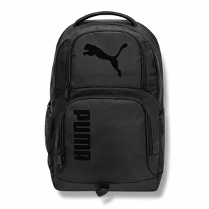 A black Puma backpack featuring the Puma logo and text, with multiple zippered compartments and a side mesh pocket.
