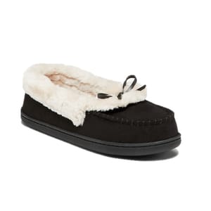 A black moccasin-style slipper with a soft, cream-colored faux fur lining and a decorative bow on top.