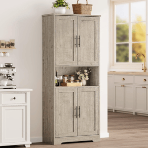 Tall kitchen pantry cabinet with two sets of double doors and an open shelf, featuring rustic wood finish; adjacent to a white kitchen counter with a coffee machine.