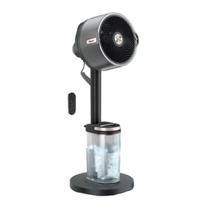 A black and gray Shark fan with a remote control and a base featuring a clear water tank. The fan head and water tank are vertically aligned, and the remote has multiple buttons.