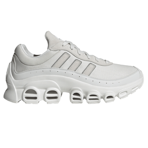 White athletic sneaker with a distinctive, sculpted midsole featuring multiple open-air cutouts and three stripes on the side.