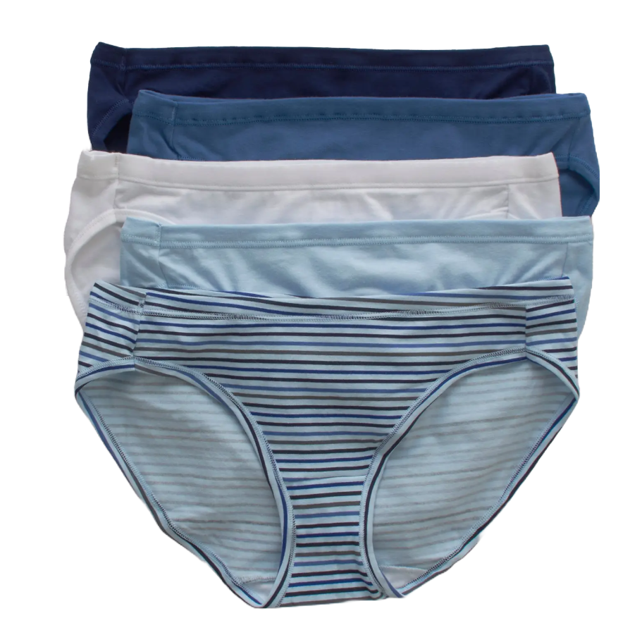 A set of five women's briefs in various shades of blue, with one pair featuring stripes and the others in solid colors.