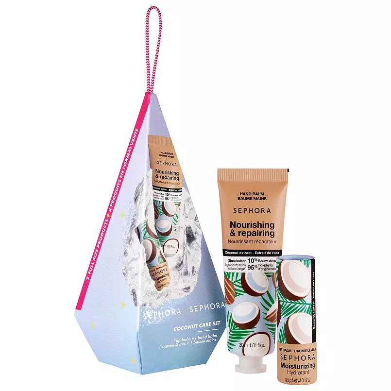 A Sephora coconut care set including one hand balm and two moisturizing lip balms.