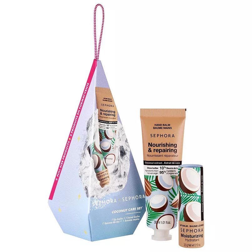 A Sephora coconut care set including one hand balm and two moisturizing lip balms.