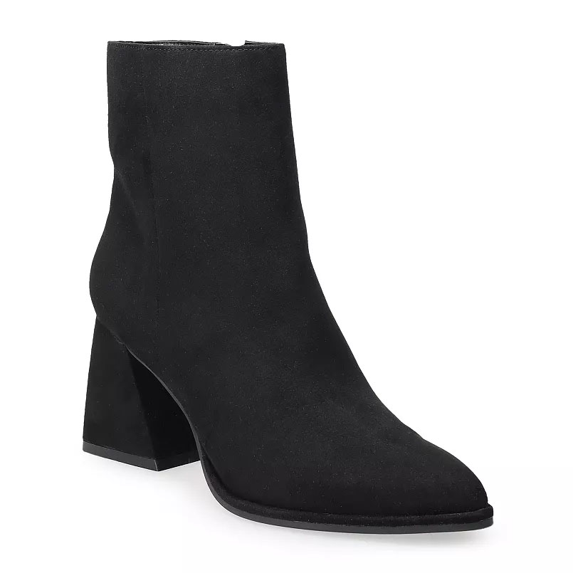Black ankle boots with a chunky heel, pointed toe, and a suede-like finish.