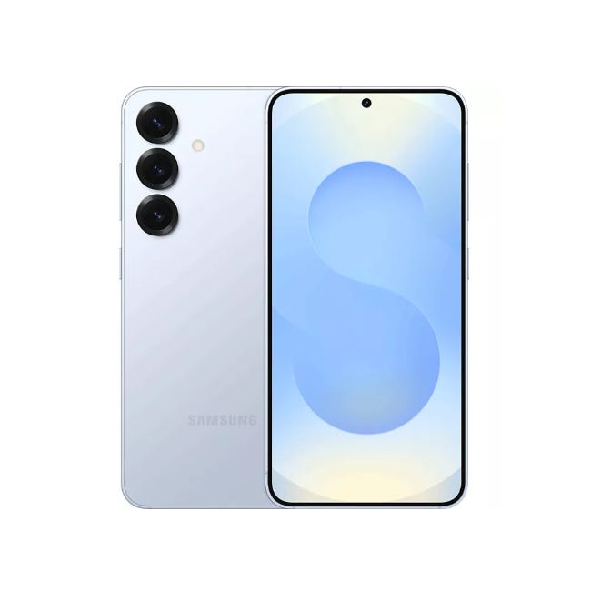 Samsung Galaxy S25 in white with three rear cameras on the left side and a large display with a centered punch-hole camera.