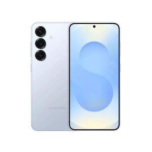 Samsung Galaxy S25 in white with three rear cameras on the left side and a large display with a centered punch-hole camera.