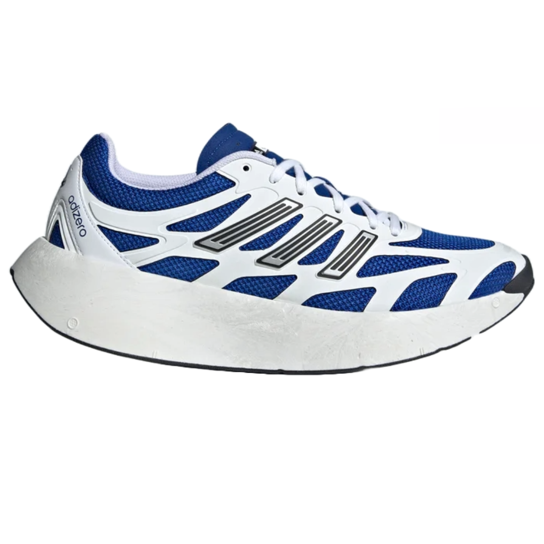 Adidas Men's Adizero Aruku Shoes feature a blue mesh upper with white and black overlays, a large white cushioned sole, and \“adizero\“ branding near the heel, designed for comfort and performance.