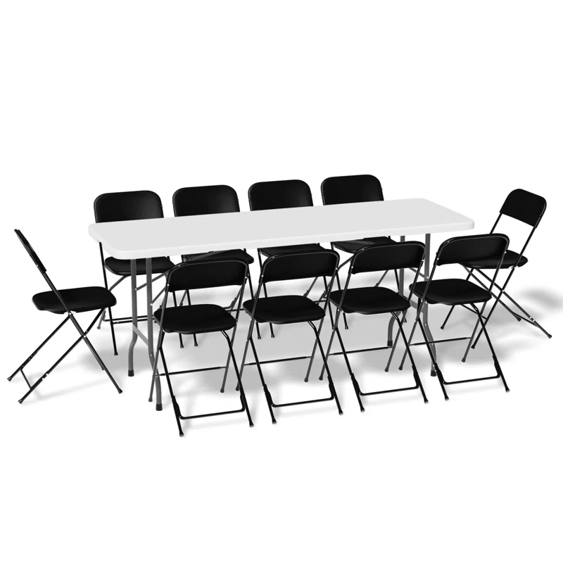 A rectangular white table is surrounded by ten black folding chairs, with four chairs on each side and one at each end.