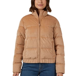 A beige corduroy puffer jacket with a zip front, stand-up collar, and horizontal quilted sections.