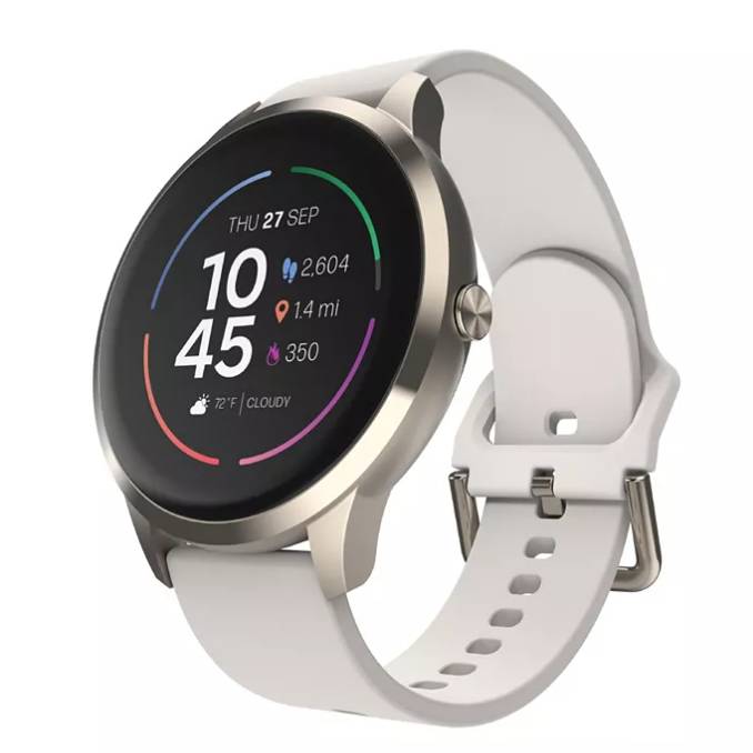A round-faced iTouch Smartwatch with a silver metal frame and white silicone strap, displaying date, time, steps, distance, calories, and weather on its digital face.