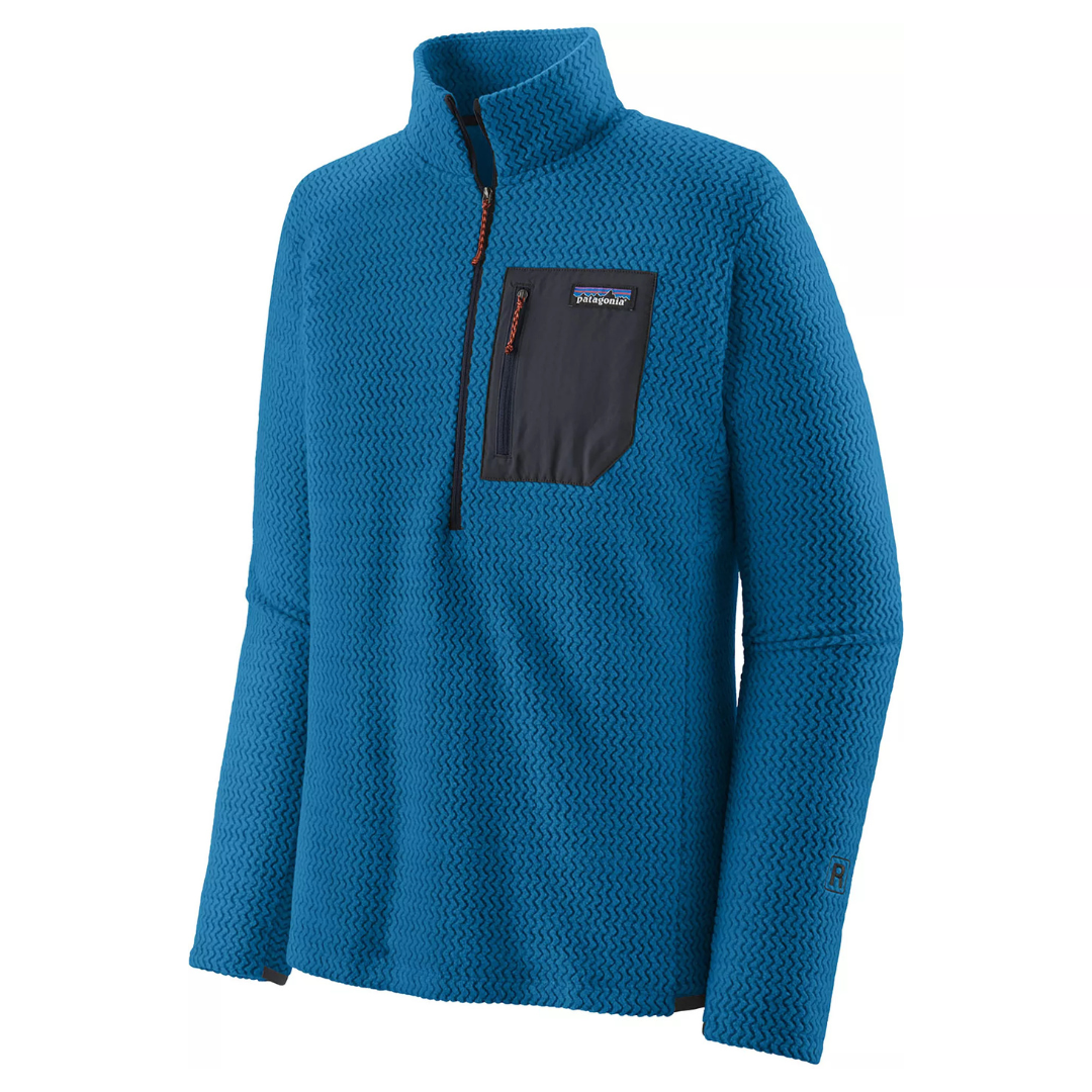 Blue textured zip-neck pullover with a dark chest pocket featuring a horizontal zipper and brand label.