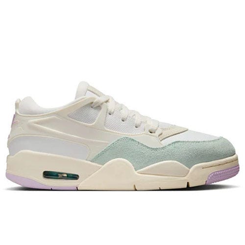 A white and pastel-colored sneaker with a visible air unit and a mix of suede and synthetic materials.