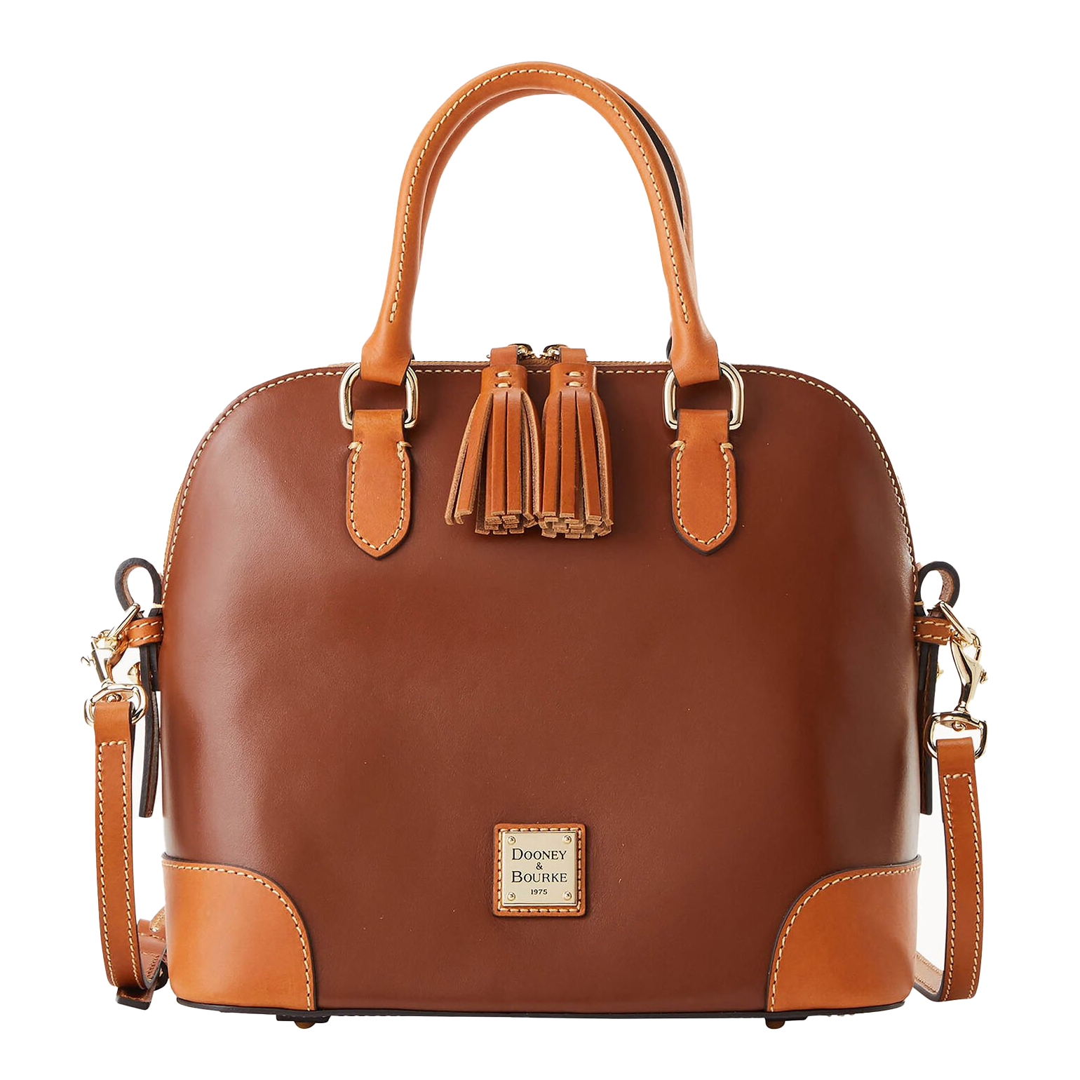 The Dooney Leather Double-Zip Satchel is a brown leather handbag featuring dual handles, tassel accents, and an adjustable shoulder strap, with a prominent Dooney & Bourke logo plaque on the front.