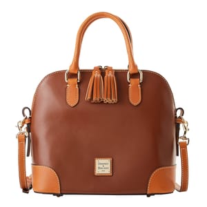 The Dooney Leather Double-Zip Satchel is a brown leather handbag featuring dual handles, tassel accents, and an adjustable shoulder strap, with a prominent Dooney & Bourke logo plaque on the front.