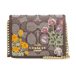 A Coach shoulder bag with a floral embroidered design on the signature brown canvas, featuring a gold chain strap and logo accent.
