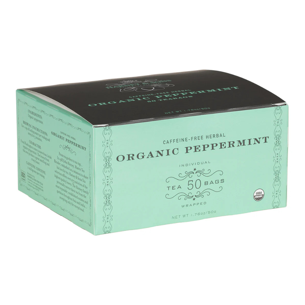 Caffeine-free herbal organic peppermint tea, packaged in a box containing 50 individually wrapped bags.