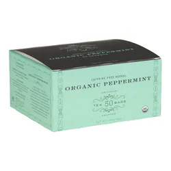 Caffeine-free herbal organic peppermint tea, packaged in a box containing 50 individually wrapped bags.