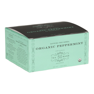 Caffeine-free herbal organic peppermint tea, packaged in a box containing 50 individually wrapped bags.