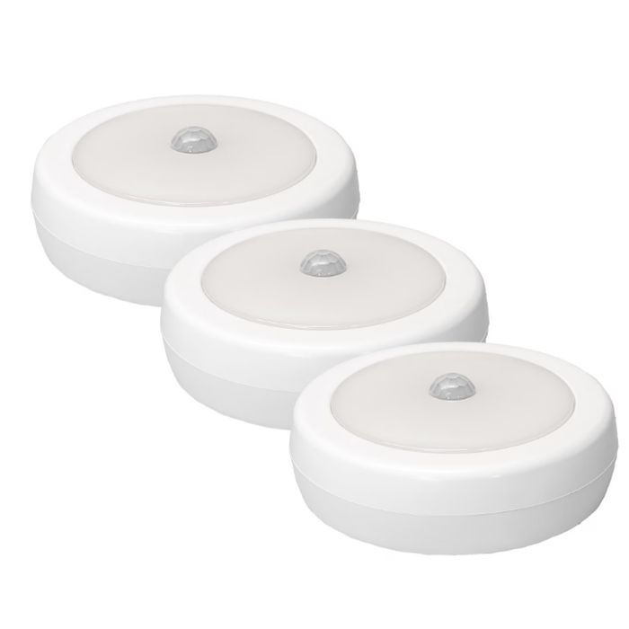 Set of three round, white, battery-operated LED lights with motion sensors.