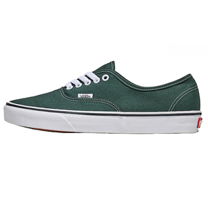 Green Vans Authentic shoe with white laces and a white sole featuring black trim. The shoe includes a small Vans logo tag.