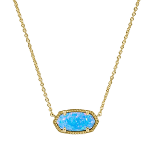 A gold chain necklace features an opal pendant with a rectangular shape framed in gold, displaying a vibrant blue hue.